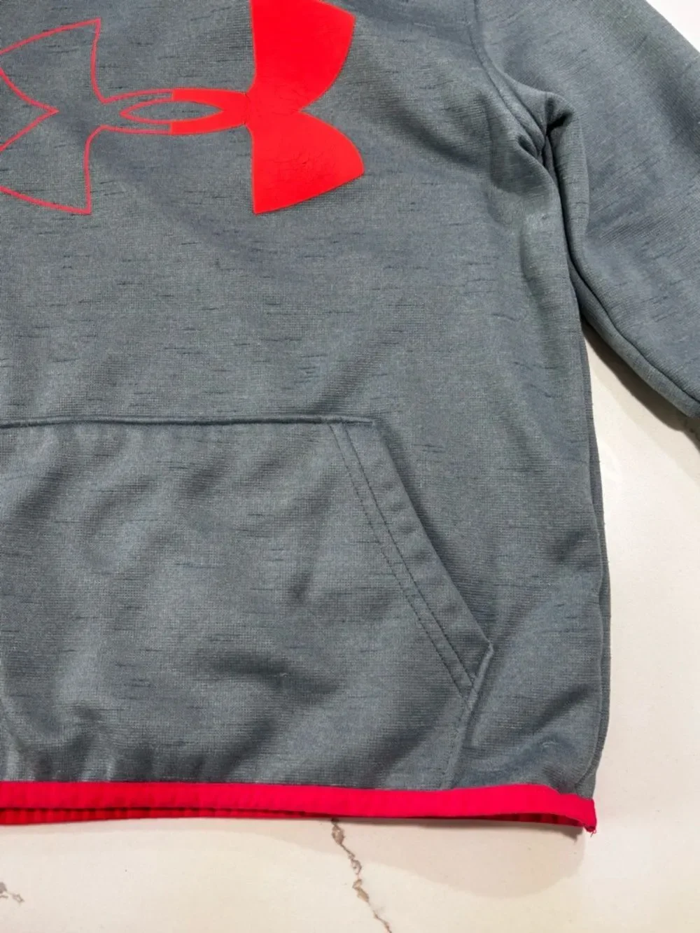 Under Armour Kids Heather Gray Hoodie with Bright Red-Orange Logo Boys Small